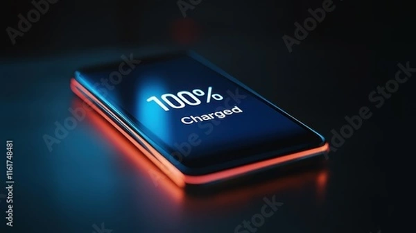 Obraz A glowing "100 Charged" screen on a stylish smartphone, symbolizing peak performance and battery technology
