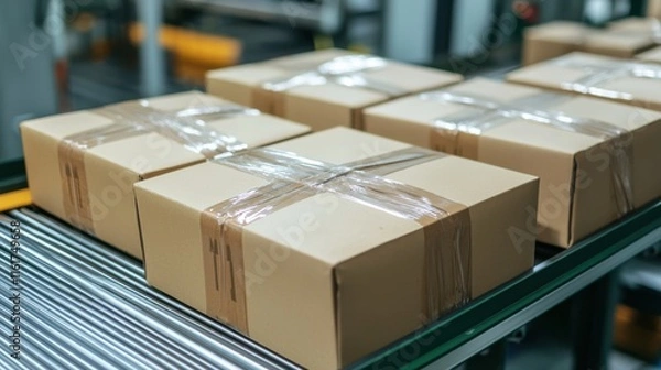 Fototapeta Packages are neatly arranged on a conveyor belt, ready for shipping in a warehouse setting, showcasing efficient logistics and order fulfillment.
