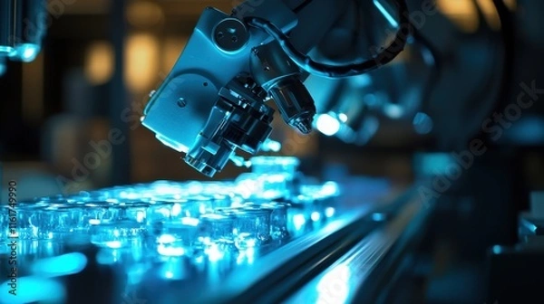 Fototapeta A robotic arm delicately manipulates transparent vials in a high-tech environment, illuminated by vibrant blue lighting, showcasing advanced automation and precision.