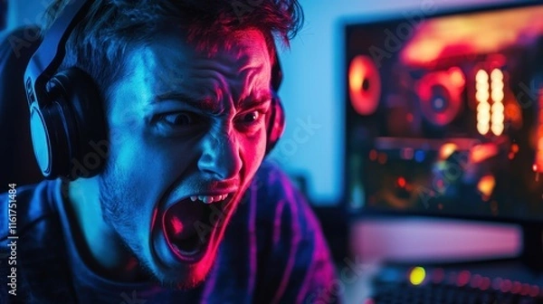 Fototapeta A gamer passionately reacting while wearing headphones, surrounded by a colorful, illuminated gaming setup.