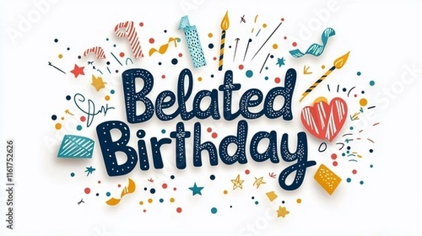 Fototapeta Belated Birthday hand-drawn lettering with colorful confetti and fireworks.