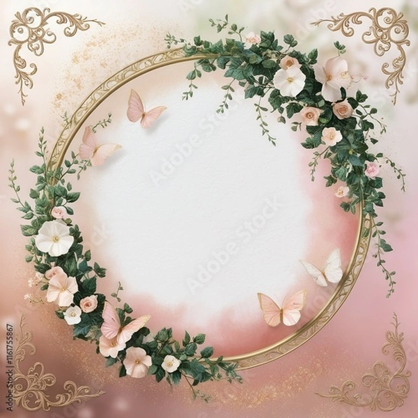Fototapeta A romantic pink and peach gradient backdrop with floral vines climbing the circular gold frame