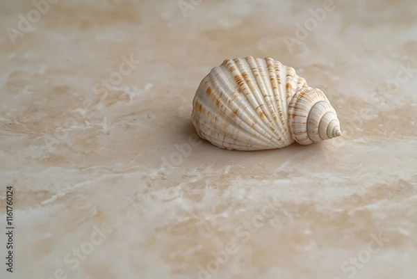 Fototapeta A small seashell lying on a smooth, untextured beige surface.