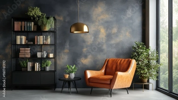 Fototapeta Modern Loft Interior Featuring Leather Armchair Against Dark Cement Wall