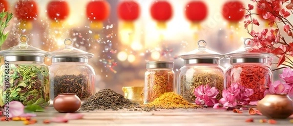 Fototapeta A table with five glass jars of spices and herbs