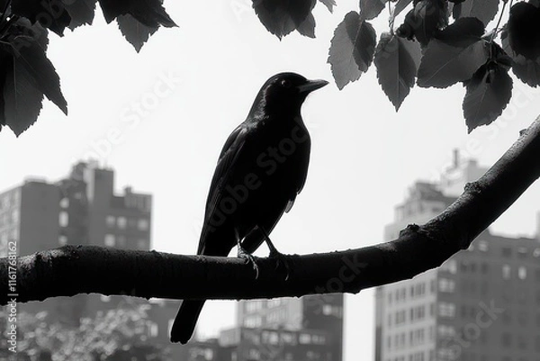 Fototapeta A silhouetted bird perched on a branch against a city skyline backdrop.