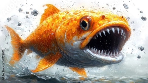 Obraz Fierce orange fish with sharp teeth leaping from water.