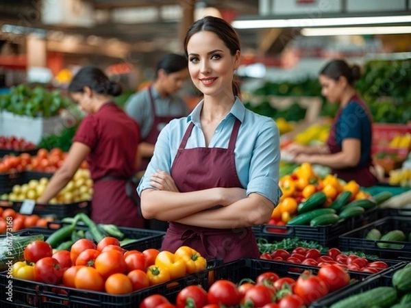Fototapeta Successful businesswoman with a background in fruit and vegetable shops. Ai Generative.