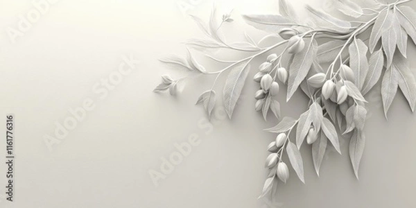 Fototapeta A minimalistic design featuring delicate leaves and buds in soft monochrome tones.