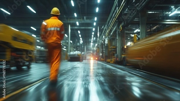 Fototapeta Industrial Workers in High Visibility Gear with Motion Blur Effects in Urban and Factory Settings