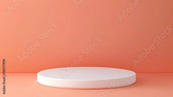 Fototapeta A glossy white podium with clean edges and an empty display area, on a soft coral-colored backdrop.