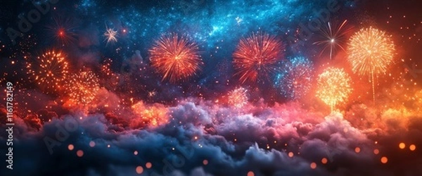 Fototapeta Fireworks Display over Dreamlike Cloudscape at Night