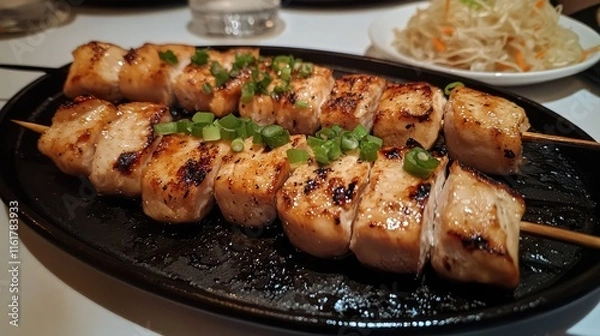 Fototapeta Grilled Chicken Skewers with Green Onions on Sizzling Plate