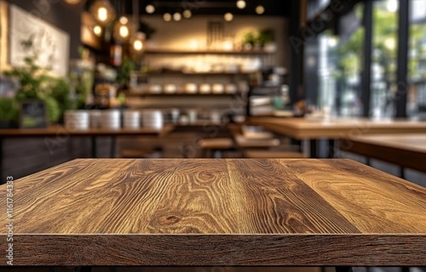 Fototapeta Empty wooden table in blurred cafe background. (1)