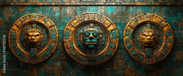 Fototapeta Mayan-Style Stone Carvings on Ancient Temple Wall