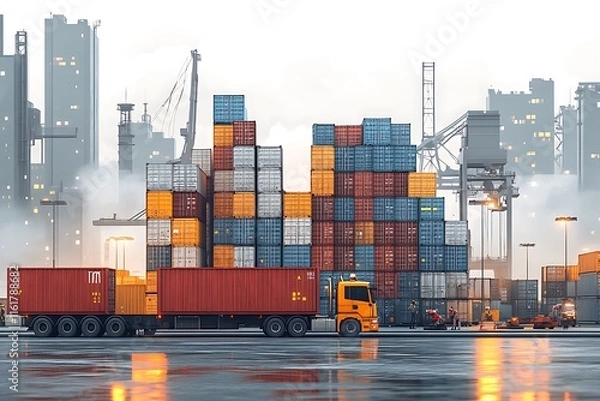 Obraz Shipping containers and trucks at a modern port city harbor.
