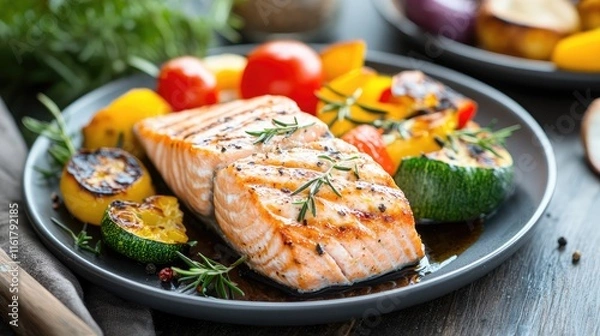Fototapeta Grilled Salmon Fillet with Colorful Vegetables on Plate