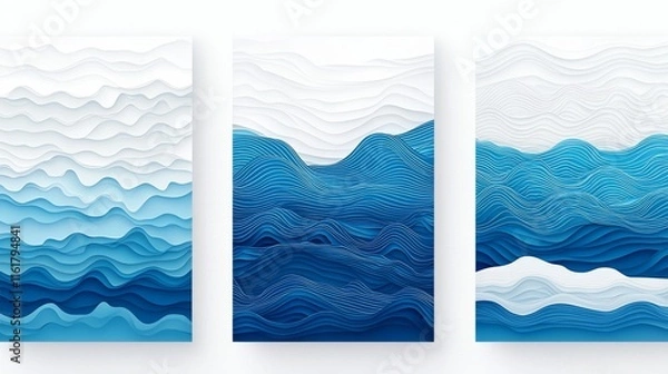 Obraz Abstract blue waves artwork in three-panel format with textured layers.