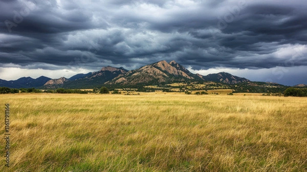 Fototapeta Dramatic storm clouds over boulder mountains colorado nature scene open landscape wide angle natural beauty