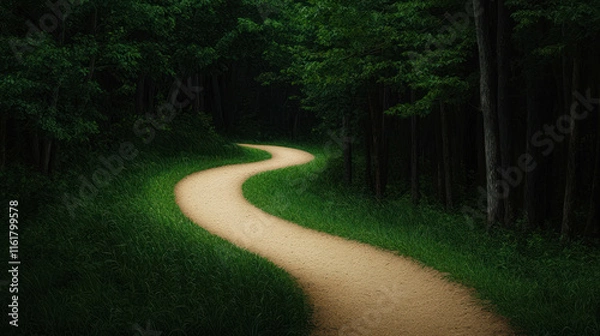 Fototapeta Winding nature path through lush forest scenic landscape photograph serene environment peaceful viewpoint