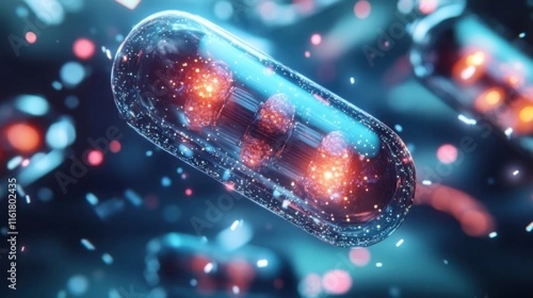 Fototapeta Advanced visualization of biotechnology: nanoscale materials such as polymeric capsules and spheres glowing brightly.