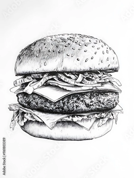 Obraz Delicious Hand-Drawn Black and White Burger Illustration