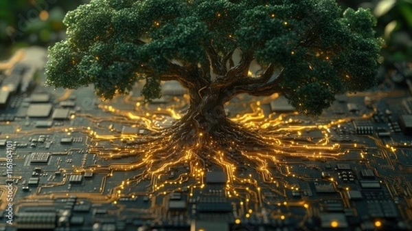 Fototapeta Glowing tree roots intertwine with circuit board.
