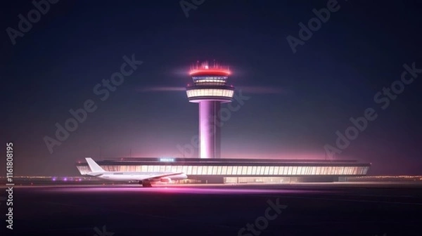 Obraz Night at the Airport: Airplane, Control Tower, and Runway Lights