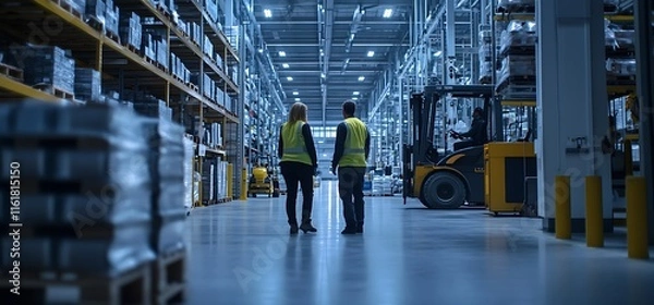 Fototapeta Two workers in safety vests observing a warehouse environment.