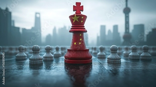 Fototapeta Red king chess piece with China flag stands before many white pawns, Shanghai skyline background.