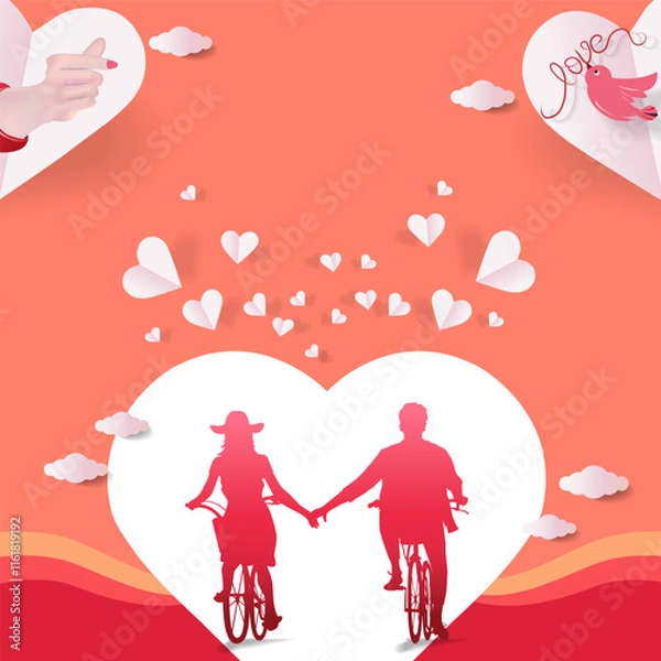 Fototapeta Illustration of a couple in love cycling with a love symbol in the background