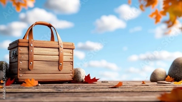 Fototapeta [Outdoor picnics location grill] Autumnal Picnic Scene Cartoon Style Empty Basket Fall Colors Woodland Landscape Outdoor Setting