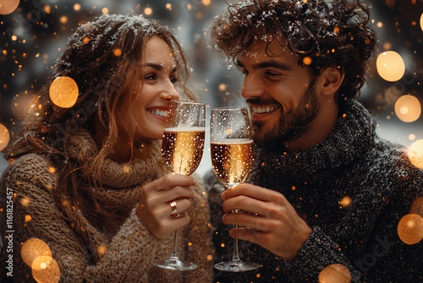 Obraz Diverse Couple Toasting with Champagne in Festive New Year's Eve Setting