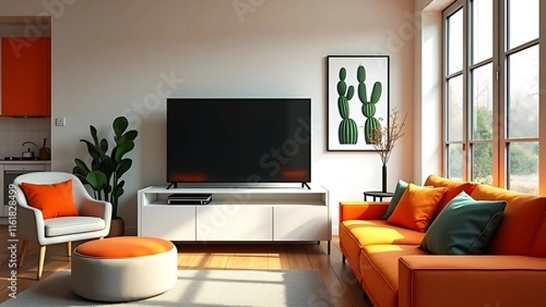 Fototapeta Mid century, scandinavian interior design of modern living room with colorful multicolored furniture.