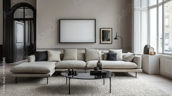Obraz Modern living room interior design with beige sectional sofa, coffee table, and artwork.