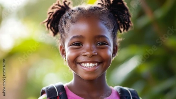 Fototapeta Radiant African American Young Girl Smiling Brightly in Close-up with Backpack in Lush Greenery Background