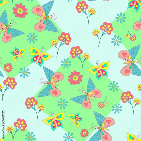 Fototapeta pattern with vivid flowers and butterflies