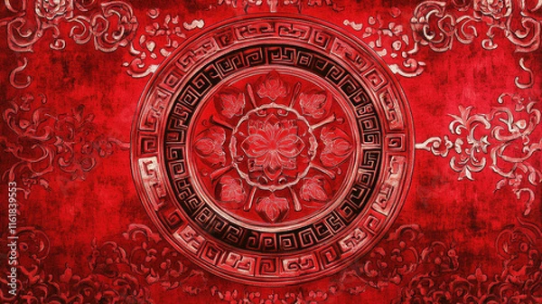 Fototapeta Red Floral Circular Design with Greek Key Border
