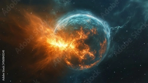 Fototapeta Fiery cosmic explosion impacting a planet, with bright orange and blue flames in space.