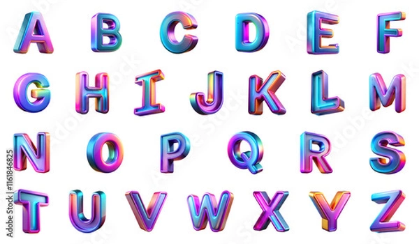 Fototapeta set of neon 3d alphabet letters isolated on transparent background, cut out, PNG