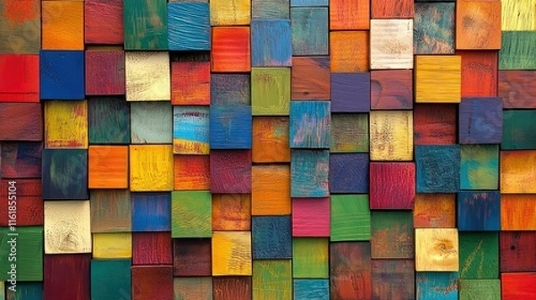 Fototapeta "Abstract Wall Background Featuring Colorful Aged Wooden Block Stack"