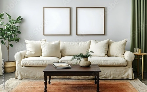Fototapeta Modern living room interior with beige sofa, coffee table, plants, and two blank frames on the wall.