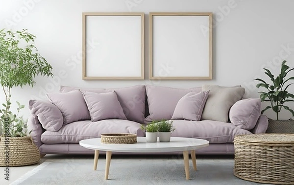 Fototapeta Lavender sofa in minimalist living room with two empty frames, plants, and woven baskets.