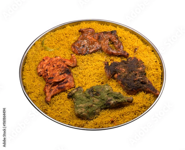 Fototapeta Majboos biryani rice with four variety flavoured fried chicken, Green chilli, pepper, honey and Alfahm chicken served in a large plate for family or group