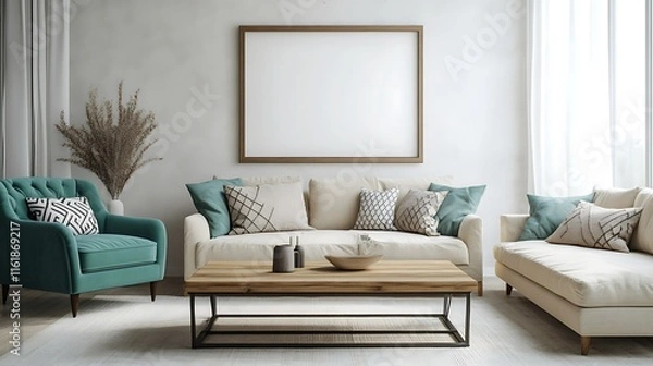 Fototapeta Modern living room interior with beige sofa, teal armchair, wooden coffee table, and blank frame on wall.