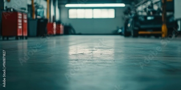 Obraz Empty garage floor with blurred background of tools and vehicles.