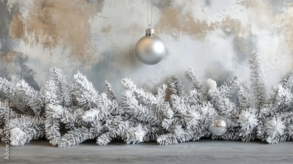 Obraz Silver Ornament Hanging Above Snowy Pine Branches