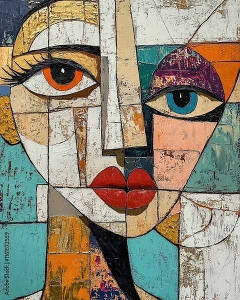 Fototapeta Abstract Cubist Portrait Paintings with Bold Earthy and Teal Tones
