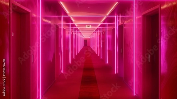 Fototapeta A futuristic hallway glowing with bright neon lights in symmetrical patterns along the walls and ceiling