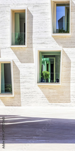 Fototapeta Modern architecture with large windows featuring green plants in a bright setting